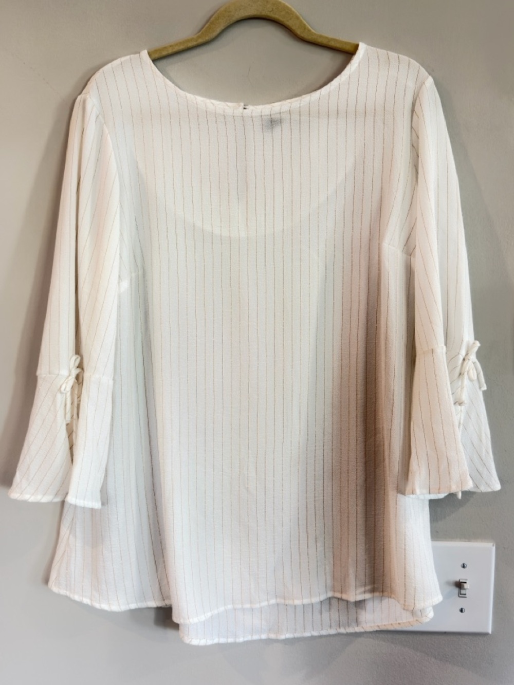 Women's Cream Pinstripe Bell Sleeve Blouse with Tie Detail